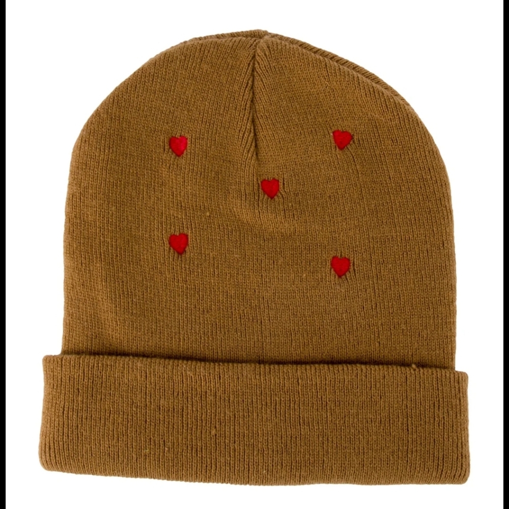 THE GREAT.  Brown Knit Beanie with Pink Heart Embroidery